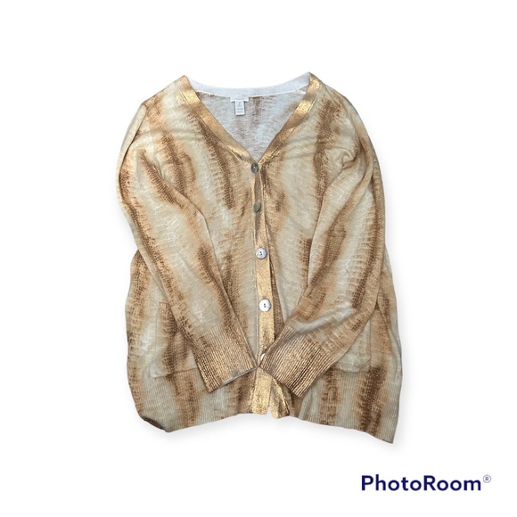Womens Chico’s Cardigan V-Neck Sweater Button Up Gold/Tan/White Size 2 - Picture 3 of 12